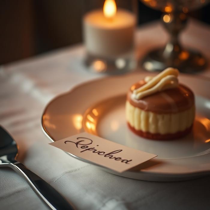 A dessert with a handwritten note beside it