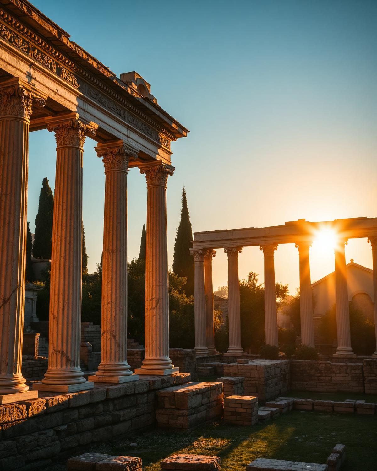 Roman Forum ruins at sunset with cypress trees