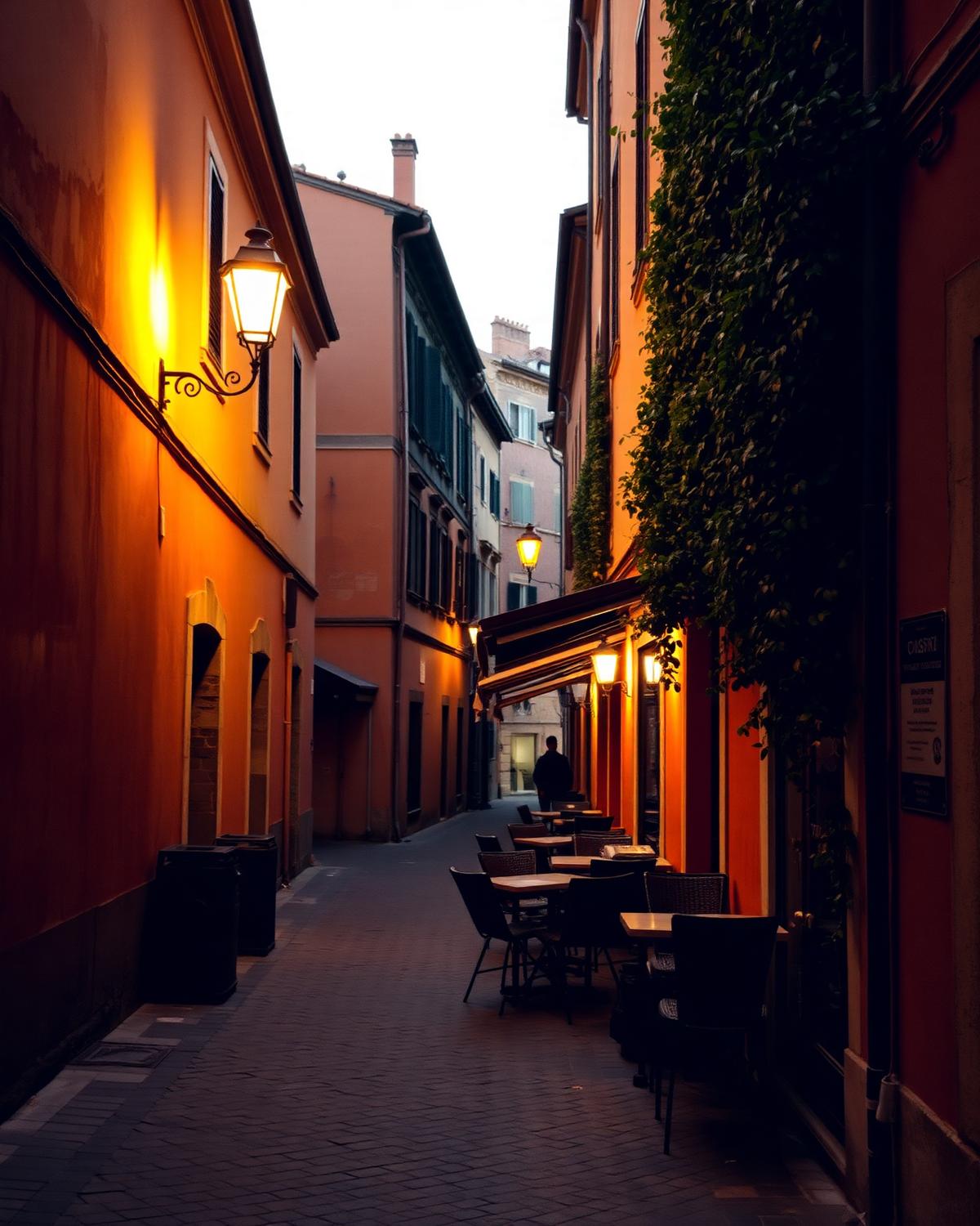 A lamplit cobblestone street in Trastevere at evening